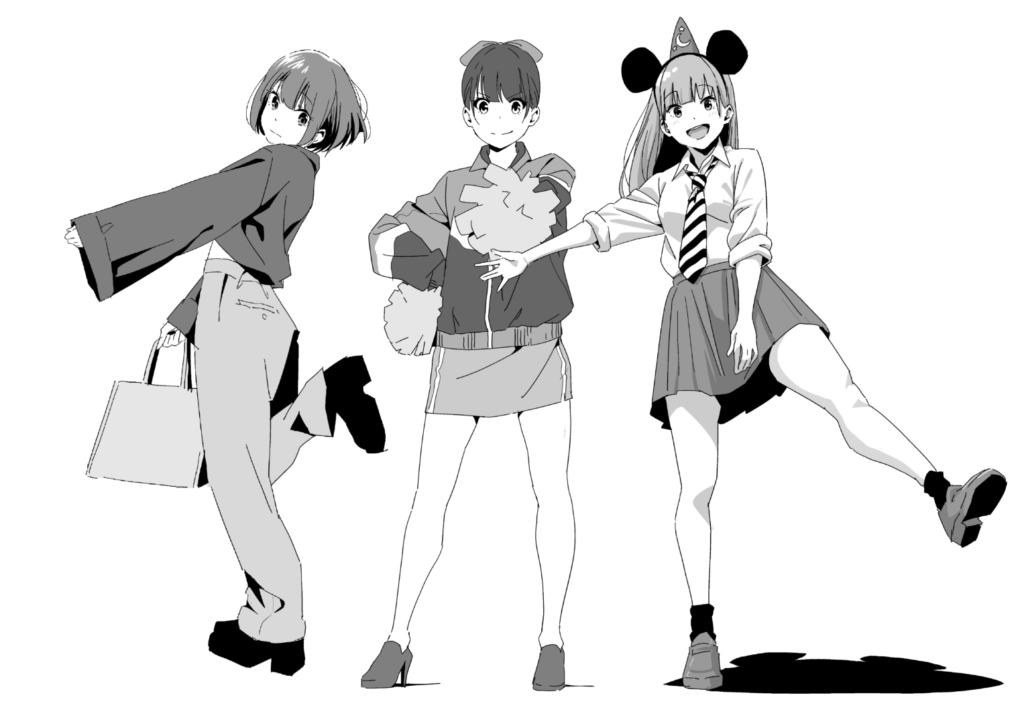 Coloso(コロソ)hide「どんな角度からでも描けるようになる人物画練習ドリル」|ポーズ違いの女性キャラ3人を描いたモノクロポートフォリオ作品