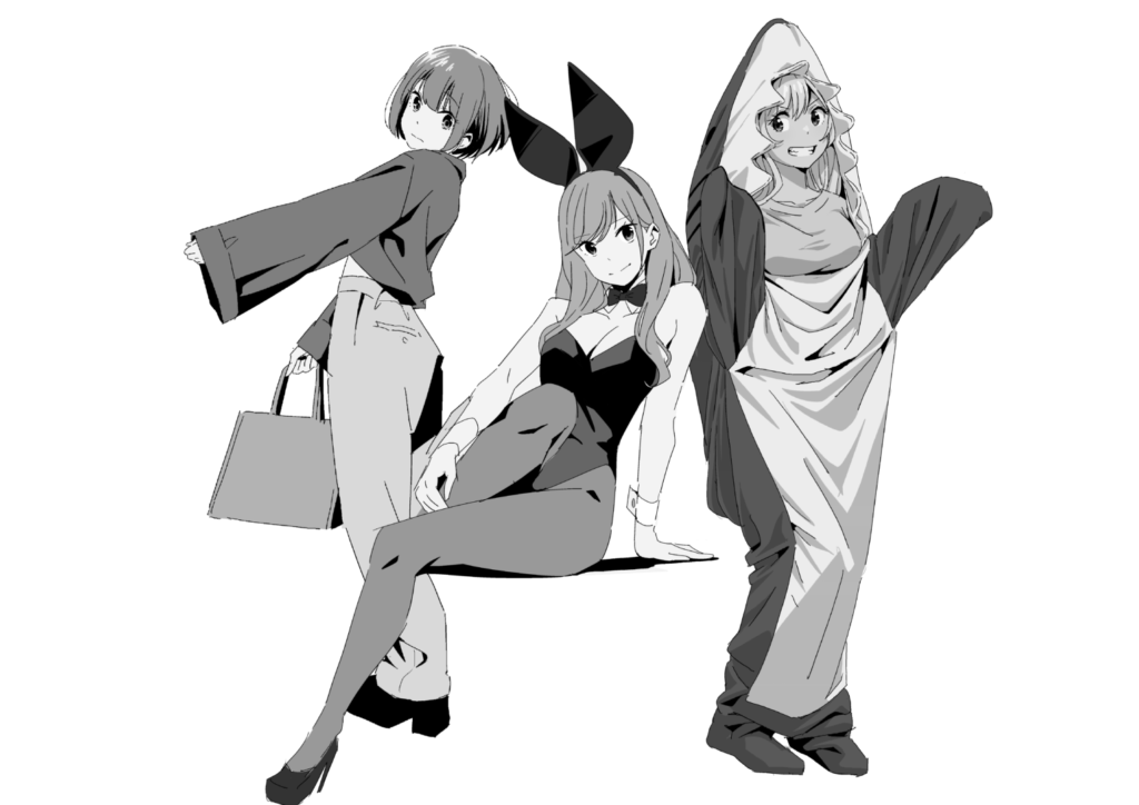 Coloso(コロソ)hide「どんな角度からでも描けるようになる人物画練習ドリル」|女性キャラ3人を描いたモノクロポートフォリオ作品