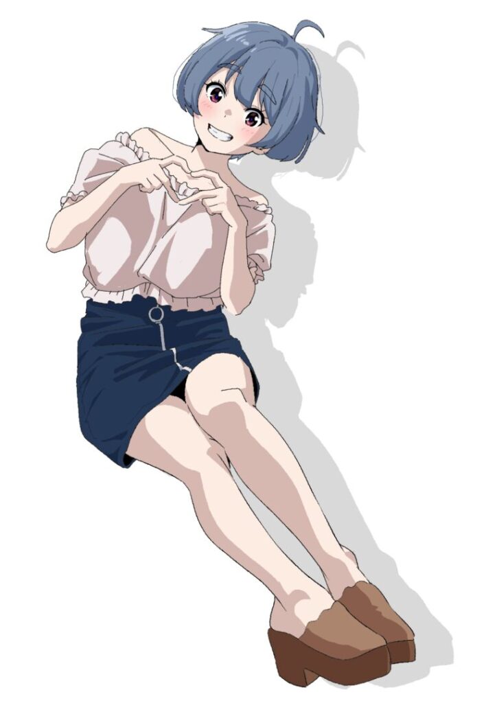 Coloso(コロソ)hide「どんな角度からでも描けるようになる人物画練習ドリル」|青髪ショートの女性キャラが座るカラーイラスト