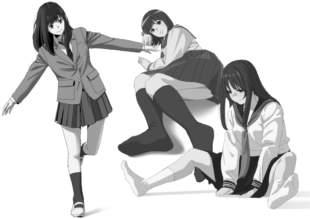 Coloso(コロソ)hide「どんな角度からでも描けるようになる人物画練習ドリル」|制服風の女性キャラ3人を描いたモノクロポートフォリオ作品