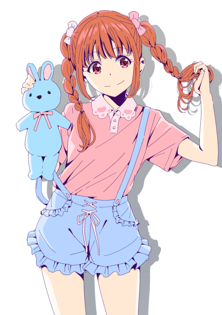 Coloso(コロソ)hide「どんな角度からでも描けるようになる人物画練習ドリル」|オレンジ髪の女性キャラとぬいぐるみのカラーイラスト