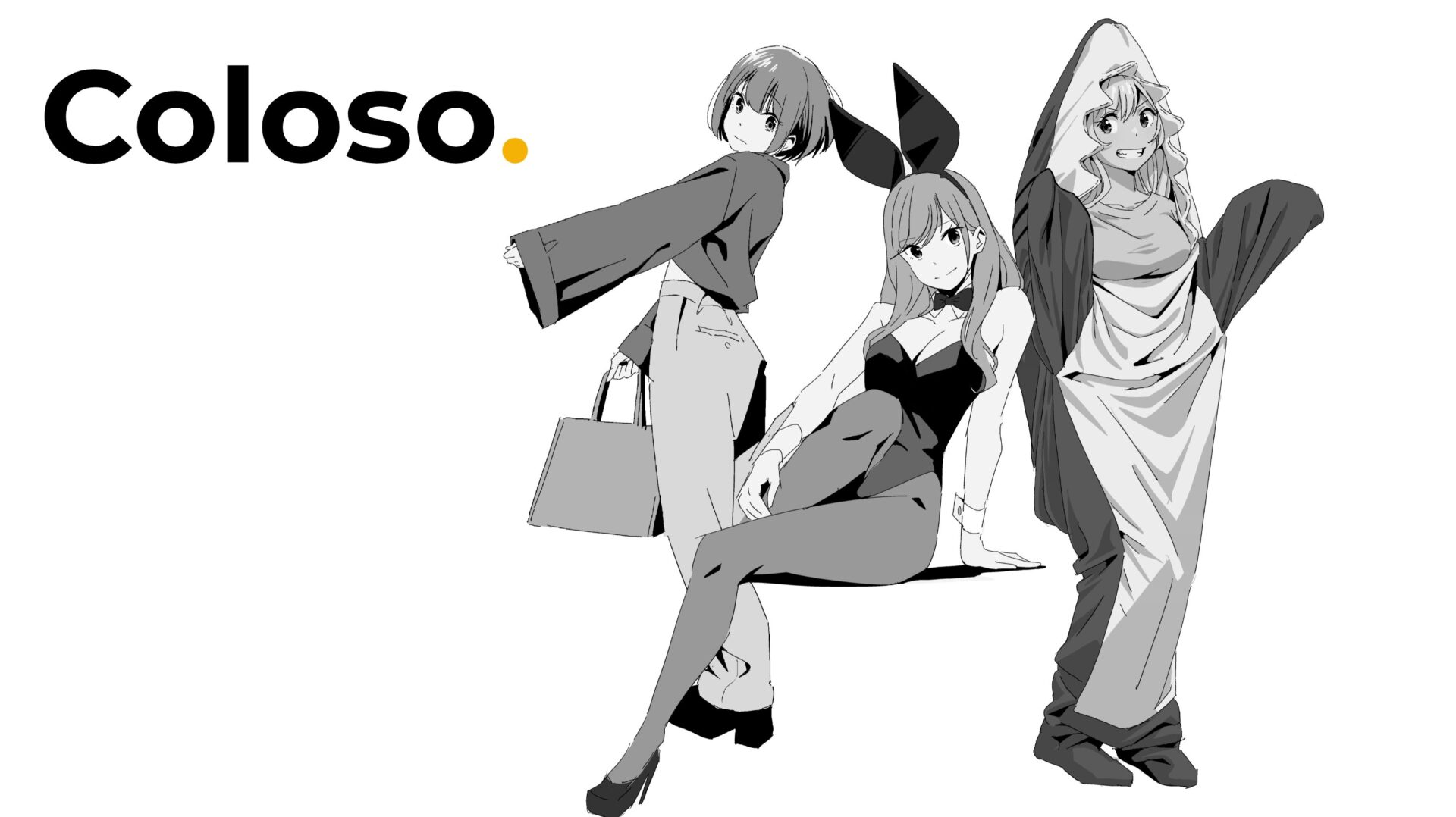 Coloso(コロソ)hide「どんな角度からでも描けるようになる人物画練習ドリル」|女性キャラ3人のモノクロドローイング作品