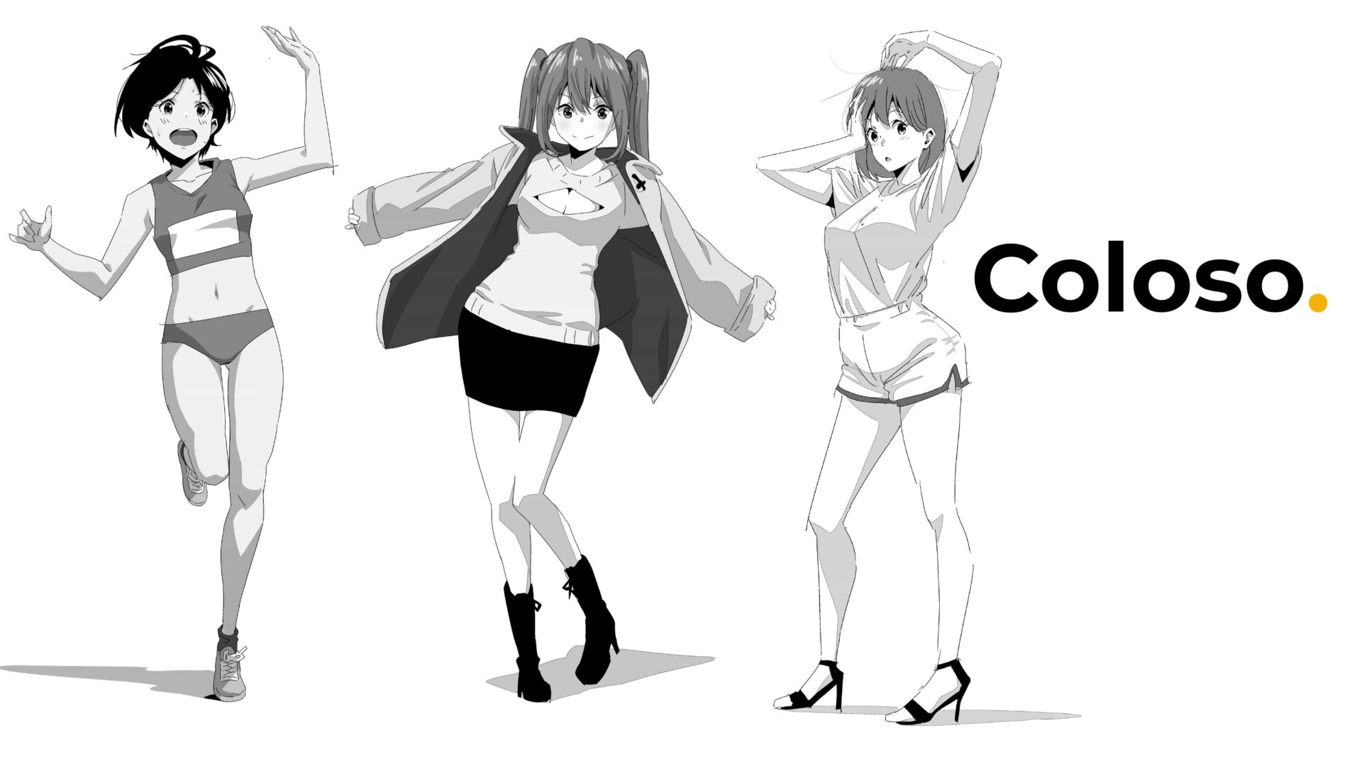 Coloso(コロソ)hide「どんな角度からでも描けるようになる人物画練習ドリル」|女性キャラ全身ポーズ3人のモノクロ作品