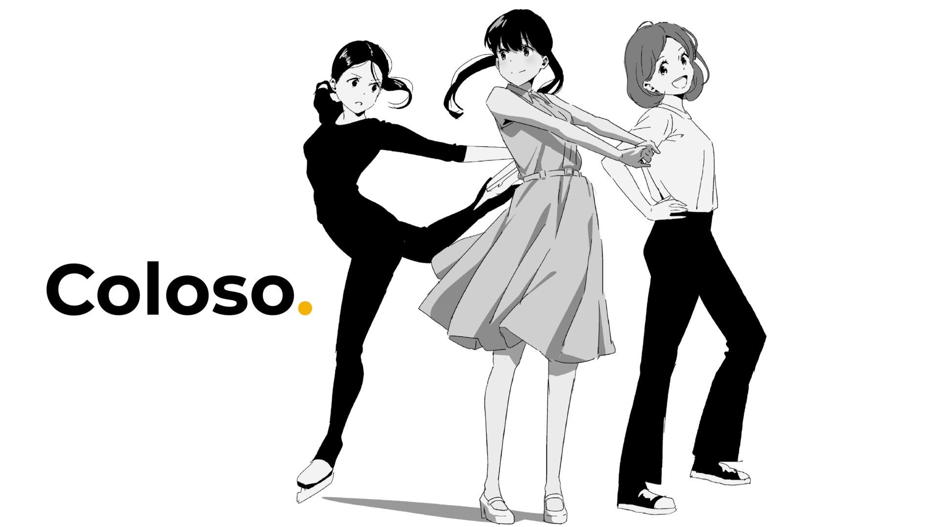 Coloso(コロソ)hide「どんな角度からでも描けるようになる人物画練習ドリル」|動きのある女性キャラ3人のモノクロ作品