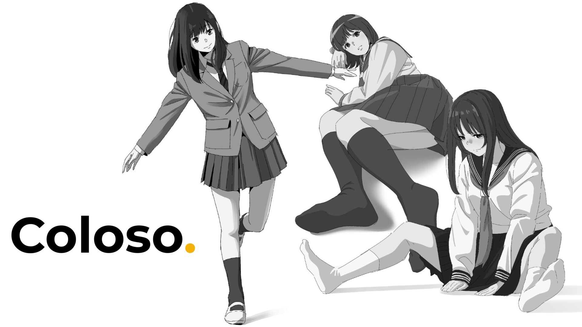 Coloso(コロソ)hide「どんな角度からでも描けるようになる人物画練習ドリル」|制服姿の女性キャラ3人を描いたモノクロ作品