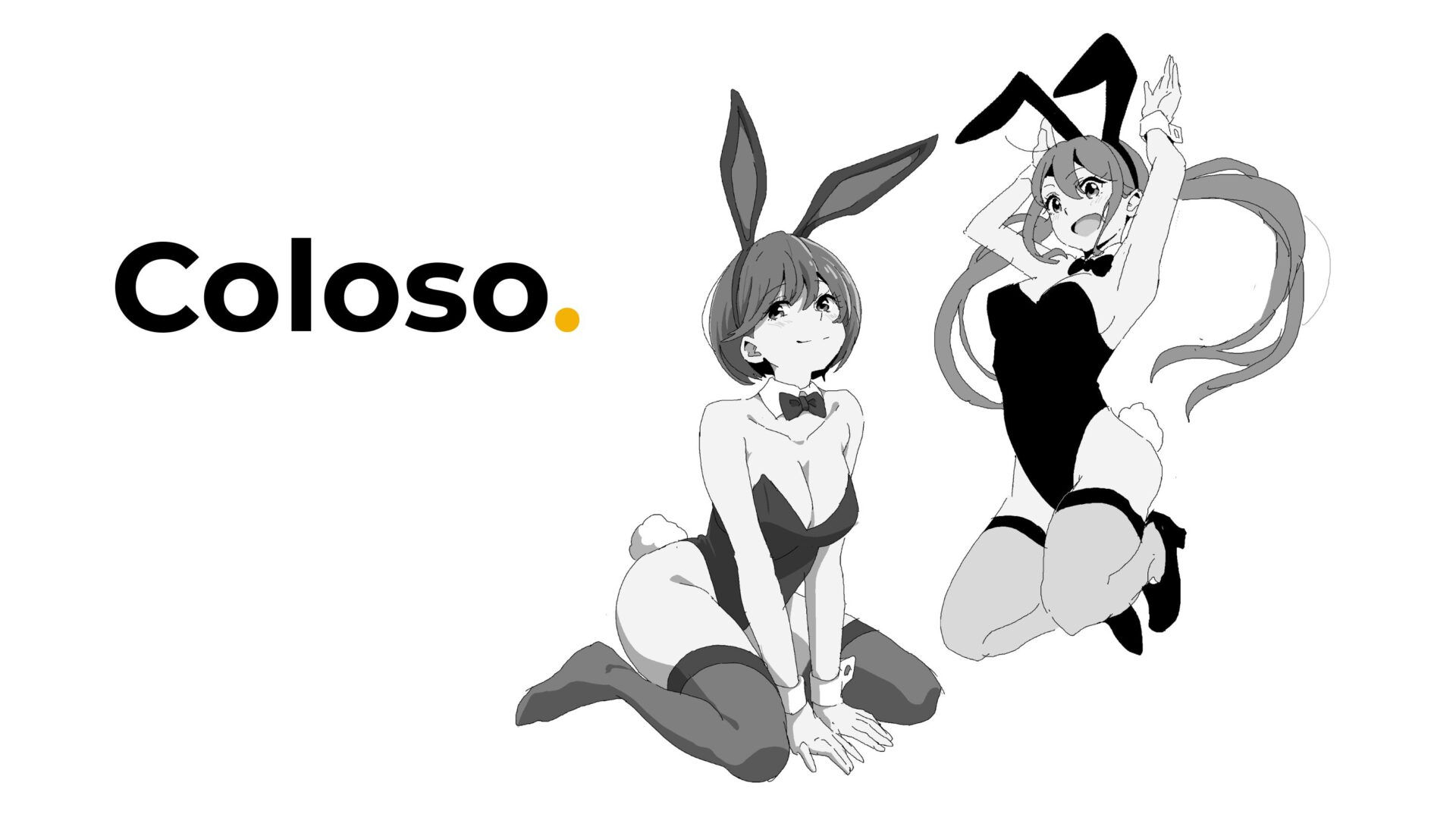 Coloso(コロソ)hide「どんな角度からでも描けるようになる人物画練習ドリル」|バニーガール衣装の女性キャラ2人のモノクロ作品