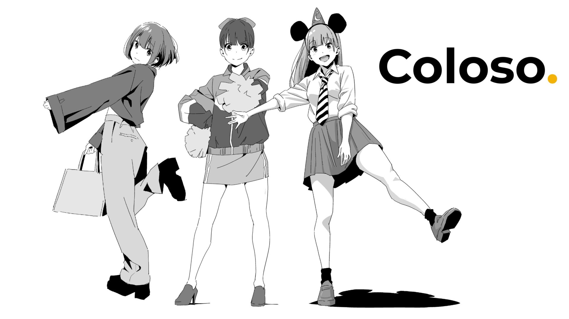 Coloso(コロソ)hide「どんな角度からでも描けるようになる人物画練習ドリル」|カジュアルポーズの女性キャラ3人のモノクロ作品