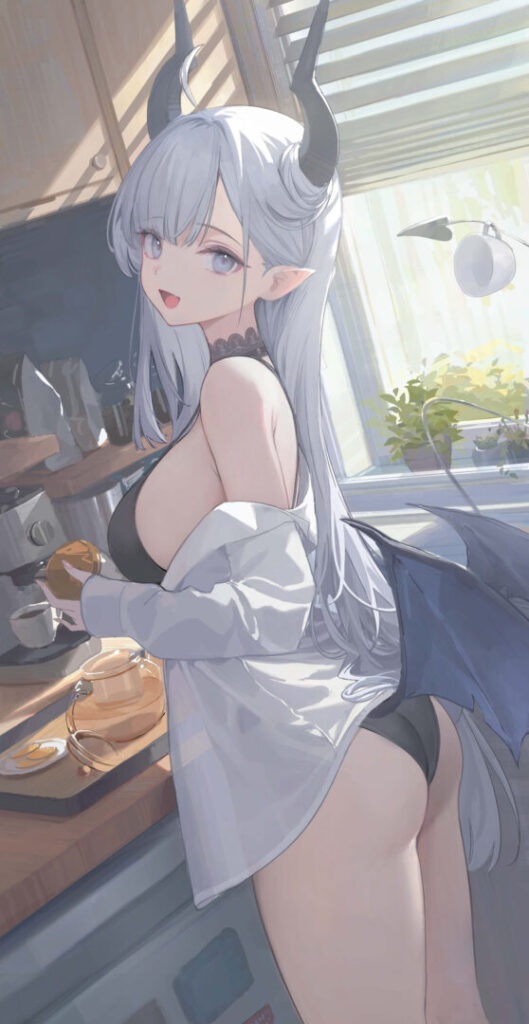 Nekojira先生の作品|キッチンでパンを持つ白髪の角がある女性キャラクター