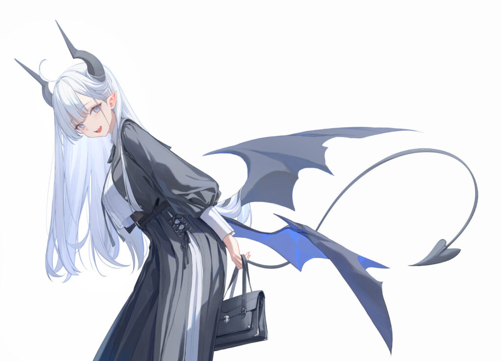 Nekojira先生の作品|黒い衣装の白髪女性キャラクターと青い翼