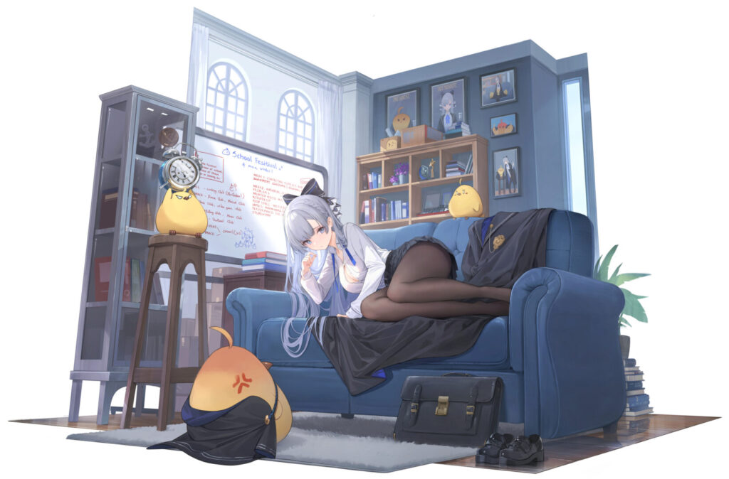 Nekojira先生の作品|青いソファに横たわる白髪の女性キャラクターと室内背景