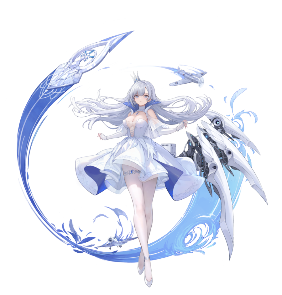 Nekojira先生の作品|青い水流と機械の翼に囲まれた白いドレスの女性キャラクター