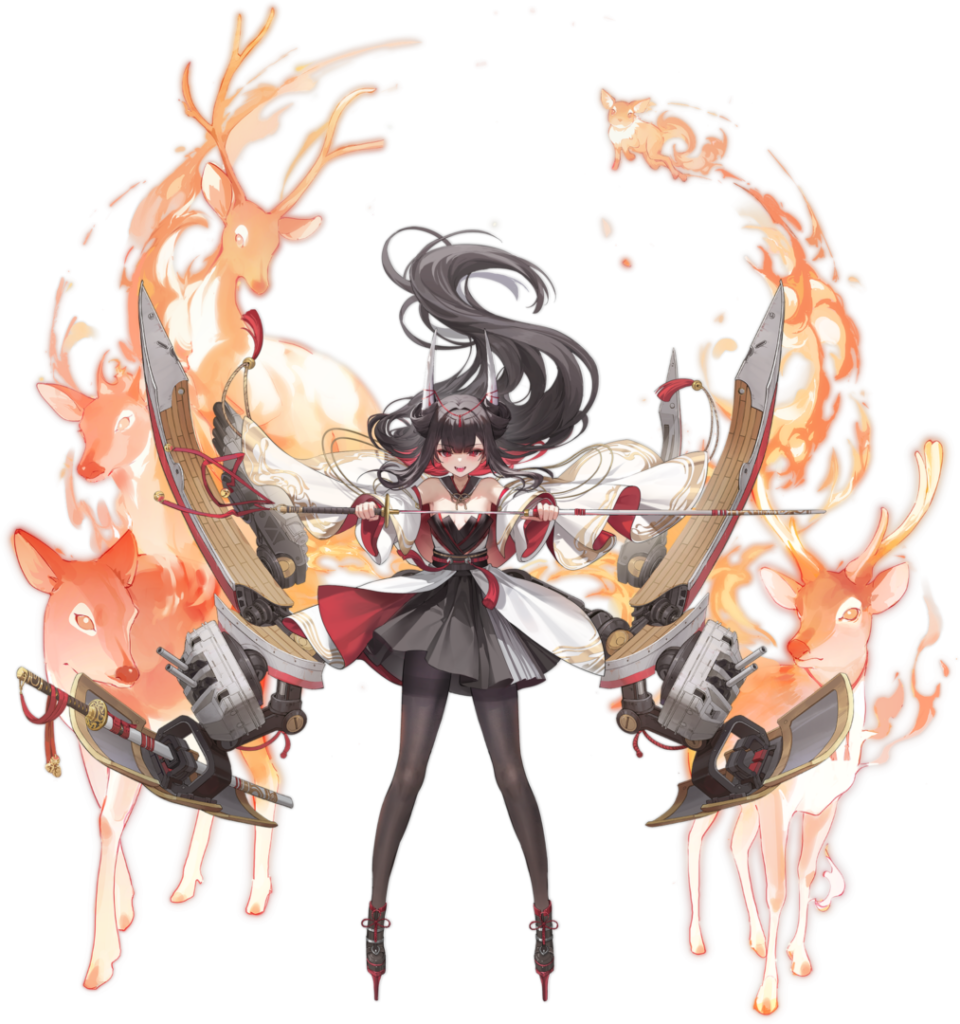 Nekojira先生の作品|弓を構える女性キャラクターと炎の鹿たち
