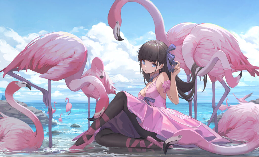 Nekojira先生の作品|海辺でフラミンゴに囲まれたピンクのドレスの女性キャラクター