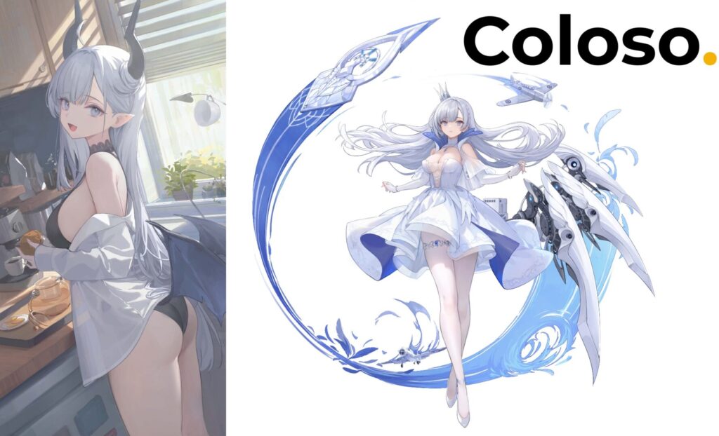 Coloso Nekojira講座CTA|カフェの場面と青い衣装の女性キャラクター