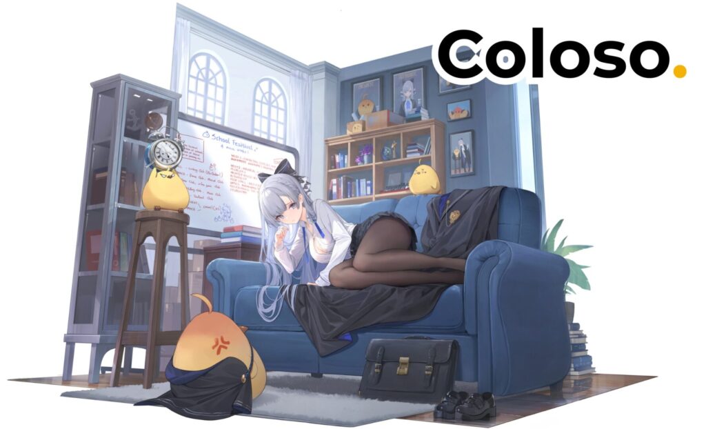 Coloso Nekojira講座CTA|青いソファに横たわる白髪の女性キャラクター