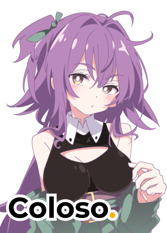 Colosoロゴ付きの紫髪の女性キャラクターイラスト
