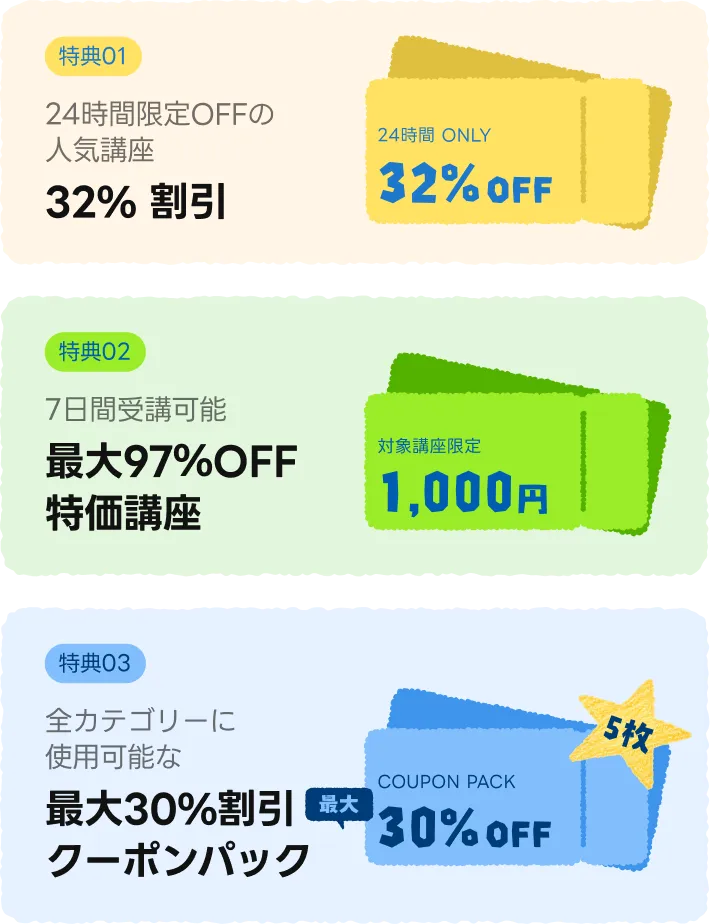 世界一周セール特典一覧 毎日11時更新の32%OFF人気講座 7日期間制1000円講座 全カテゴリー対象の最大30%OFFクーポン